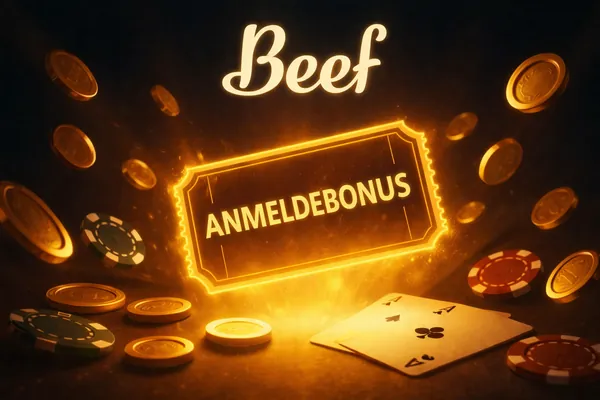 Grafik zum Beef Casino Anmeldebonus mit leuchtendem Bonus-Ticket