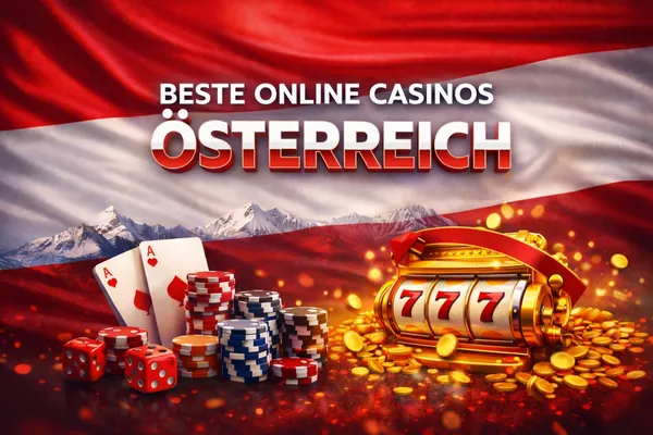 Österreich Casino Banner mit Flagge und Slotmaschine