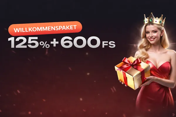 Banner mit Willkommenspaket 125% plus 600 Freispiele und Frau mit Geschenk